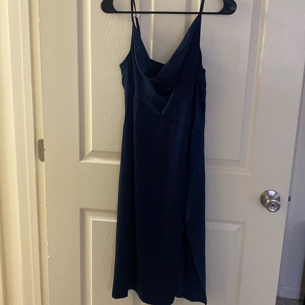 Cow neck satin midi dress navy blue